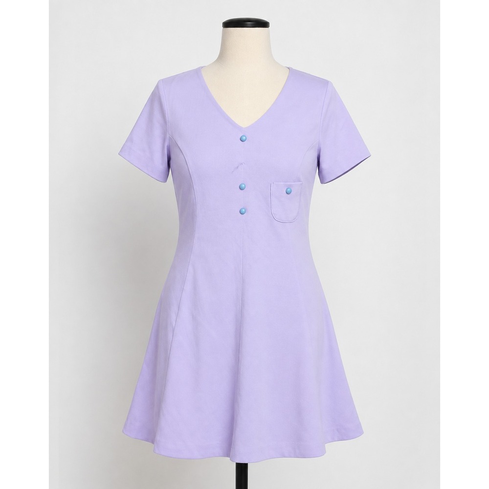 Handmade Mini Dress Womens Small Purple Excellent 70s Retro Mod V-Neck A-Line